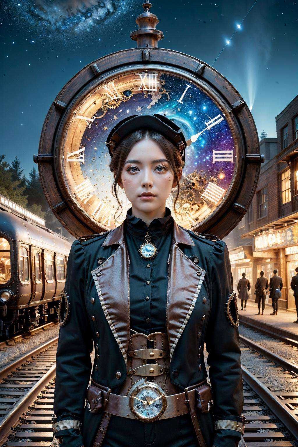 clock_realm,clock,((masterpiece)),((best quality)),8k,high detailed,ultra-detailed,photo,photorealistic,steampunk,portrait,1girl,asymmetrical composition,clockwork-inspired universe,surreal mechanisms,cityscape,steampunk vehicles,airships,trains,mystical forest,giant girl,otherworldly wonder,rich color palette,mirror-like,dreamy starry sky,vivid steampunk portrait,fantasy,seamless blend of elements.,<lora:ClockRealm:0.8>,
