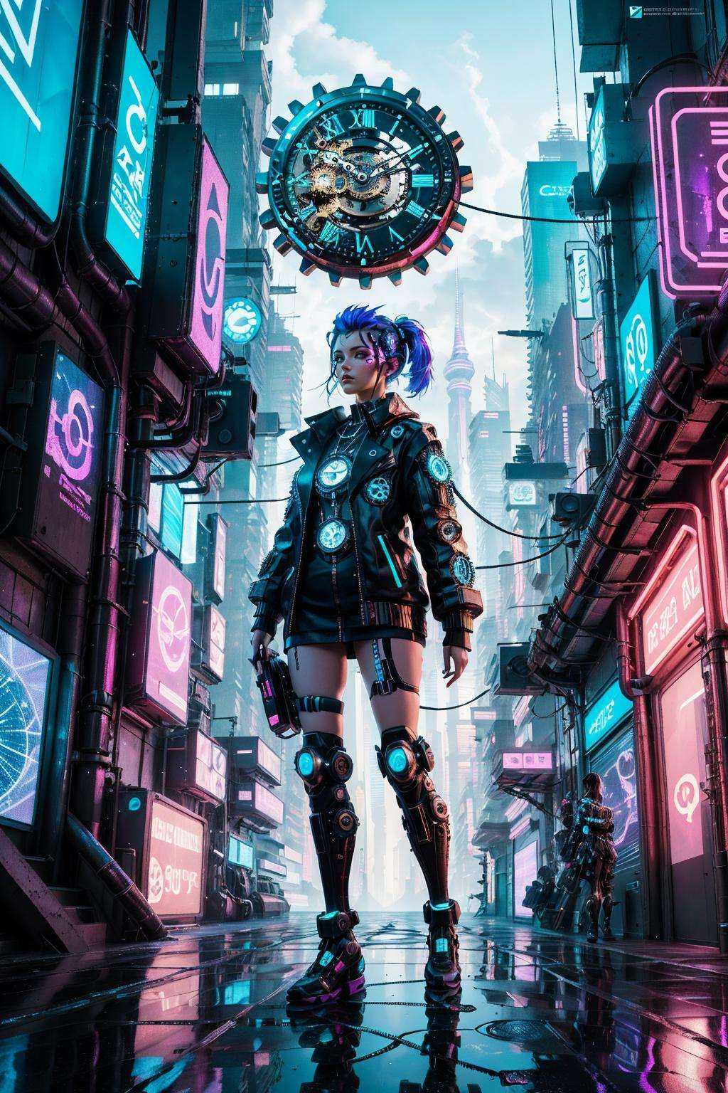clock_realm,clock, ((masterpiece)), ((best quality)), 8k, high detailed, ultra-detailed, illustration, concept art, science fiction, 1girl, solo, (standing on a floating clockwork island), futuristic attire, holographic interfaces, (floating gears and cogs:1.2), (clockwork cityscape:1.1), neon lights, (cyberpunk aesthetic:1.2), dynamic lighting, capturing the surreal fusion of technology and time, inspired by the works of William Gibson.,<lora:ClockRealm:1>,