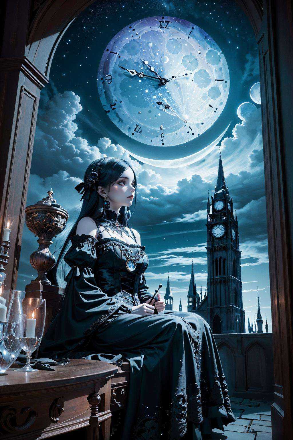 clock_realm,clock, ((masterpiece)), ((best quality)), 8k, high detailed, ultra-detailed, illustration, concept art, fantasy, 1girl, solo, (sitting on a gothic clock tower), medieval gown, (intricate clock mechanisms:1.1), (moonlit night:1.2), mysterious atmosphere, capturing the enchantment of a gothic fantasy world<lora:ClockRealm:1>,