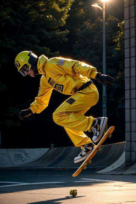 man dressed in radioactive hazmat suit jumping on skateboard,  skateboard trick,  frontside air on Tensor.Art