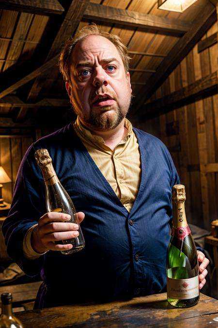 photo RAW,  (a yellowish transparent ghost holds a bottle of champagne in an attic room. he looks like a medieval paul gia...