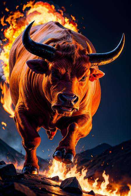photo RAW,  (an angry orange bull running through fire,  the bull being composed of angular shapes on Tensor.Art