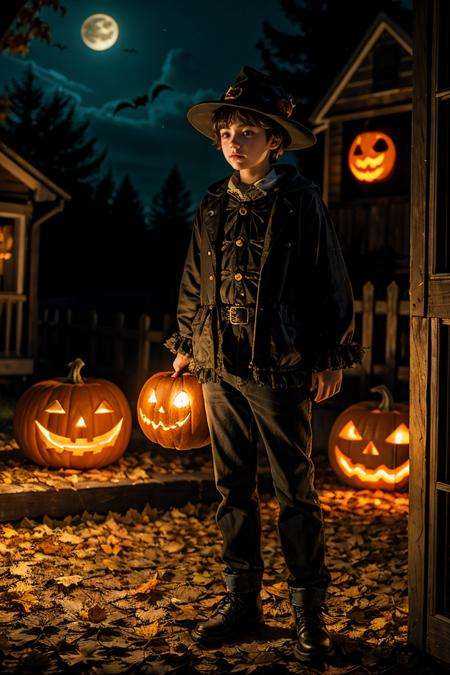 Creepy vintage Halloween A teenage Boy,  . Jack-o-lanterns,  trick or treaters on Tensor.Art