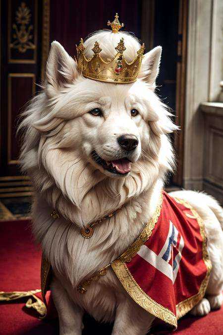 Samoyed wearing an English dress with a British crown on his head,  ,  RAW on Tensor.Art
