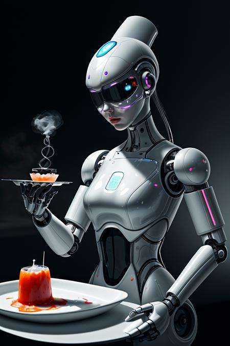 future,  young woman robot cook working excellent at molecular gastronomy in futuristic kithen,  RAW on Tensor.Art