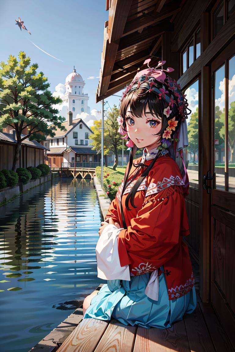 ((masterpiece)), ((best quality)), 8k, high detailed, ultra-detailed, illustration,cel shading, xifu,danjue,huadan,1girl, sitting on a stone bridge, garden,river