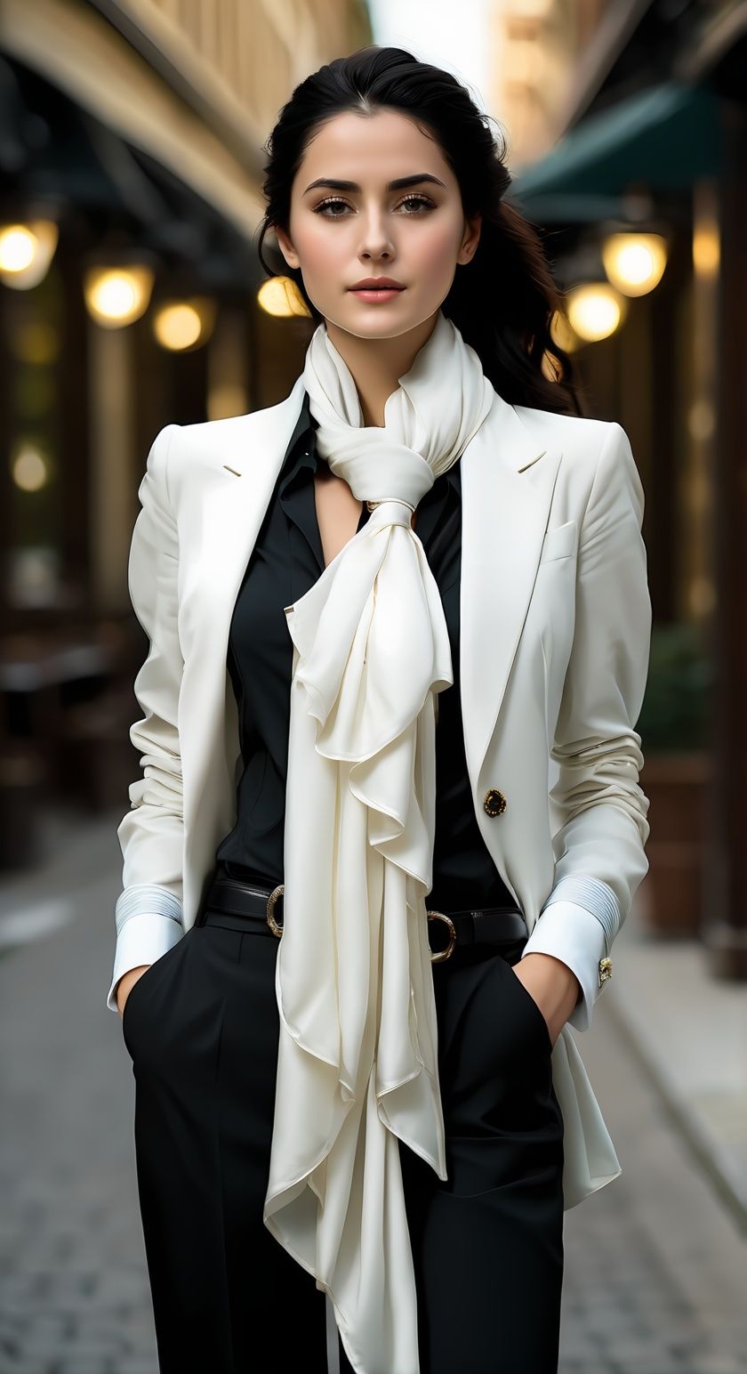 1girl,scarf,long hair,pants,solo,ring,jewelry,black pants,shirt,belt,hand in pocket,white shirt,blurry,blurry background,looking at viewer,black hair,brown eyes,formal,white scarf,standing,black jacket,realistic,lips,buttons,cowboy shot,outdoors,long sleeves,pant suit,<lora:weijin:0.7>,