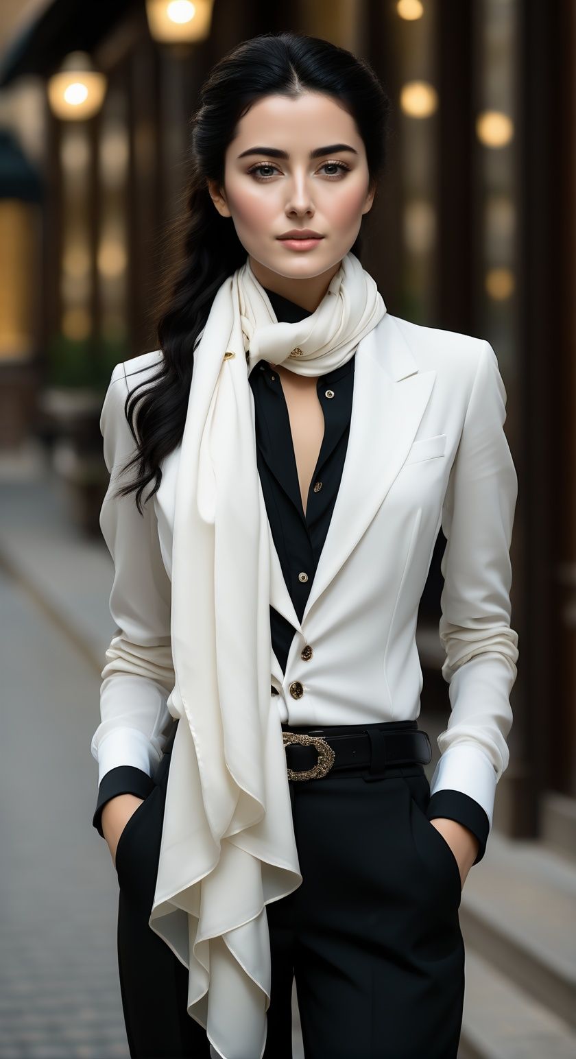 1girl,scarf,long hair,pants,solo,ring,jewelry,black pants,shirt,belt,hand in pocket,white shirt,blurry,blurry background,looking at viewer,black hair,brown eyes,formal,white scarf,standing,black jacket,realistic,lips,buttons,cowboy shot,outdoors,long sleeves,pant suit,<lora:weijin:0.7>,