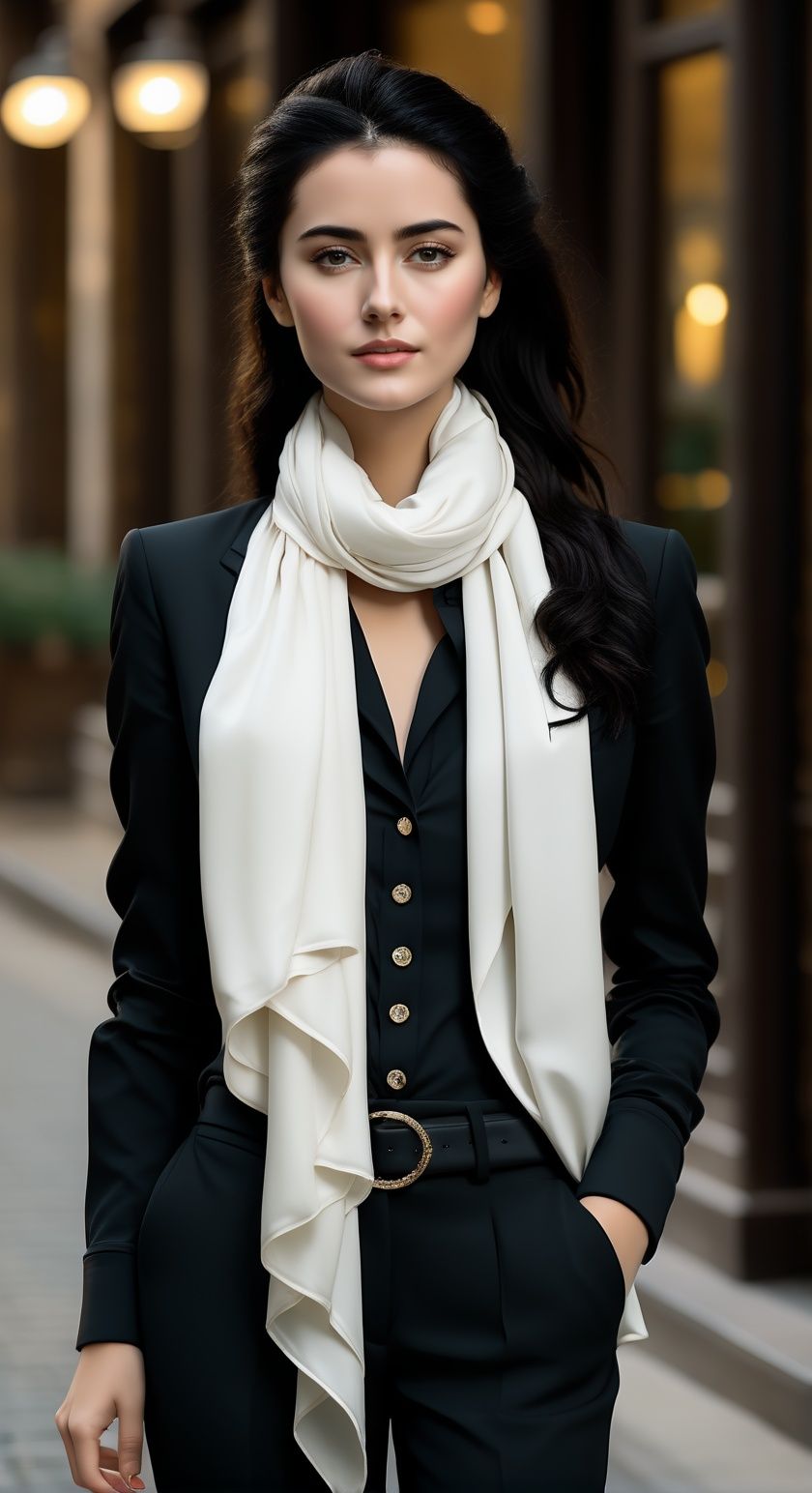 1girl,scarf,long hair,pants,solo,ring,jewelry,black pants,shirt,belt,hand in pocket,white shirt,blurry,blurry background,looking at viewer,black hair,brown eyes,formal,white scarf,standing,black jacket,realistic,lips,buttons,cowboy shot,outdoors,long sleeves,pant suit,<lora:weijin:0.7>,