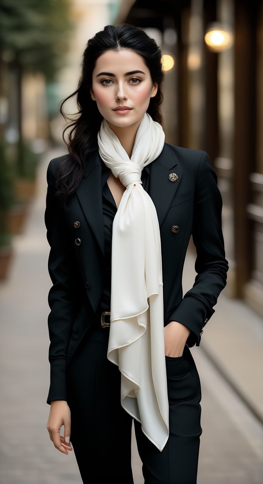 1girl,scarf,long hair,pants,solo,ring,jewelry,black pants,shirt,belt,hand in pocket,white shirt,blurry,blurry background,looking at viewer,black hair,brown eyes,formal,white scarf,standing,black jacket,realistic,lips,buttons,cowboy shot,outdoors,long sleeves,pant suit,<lora:weijin:0.7>,