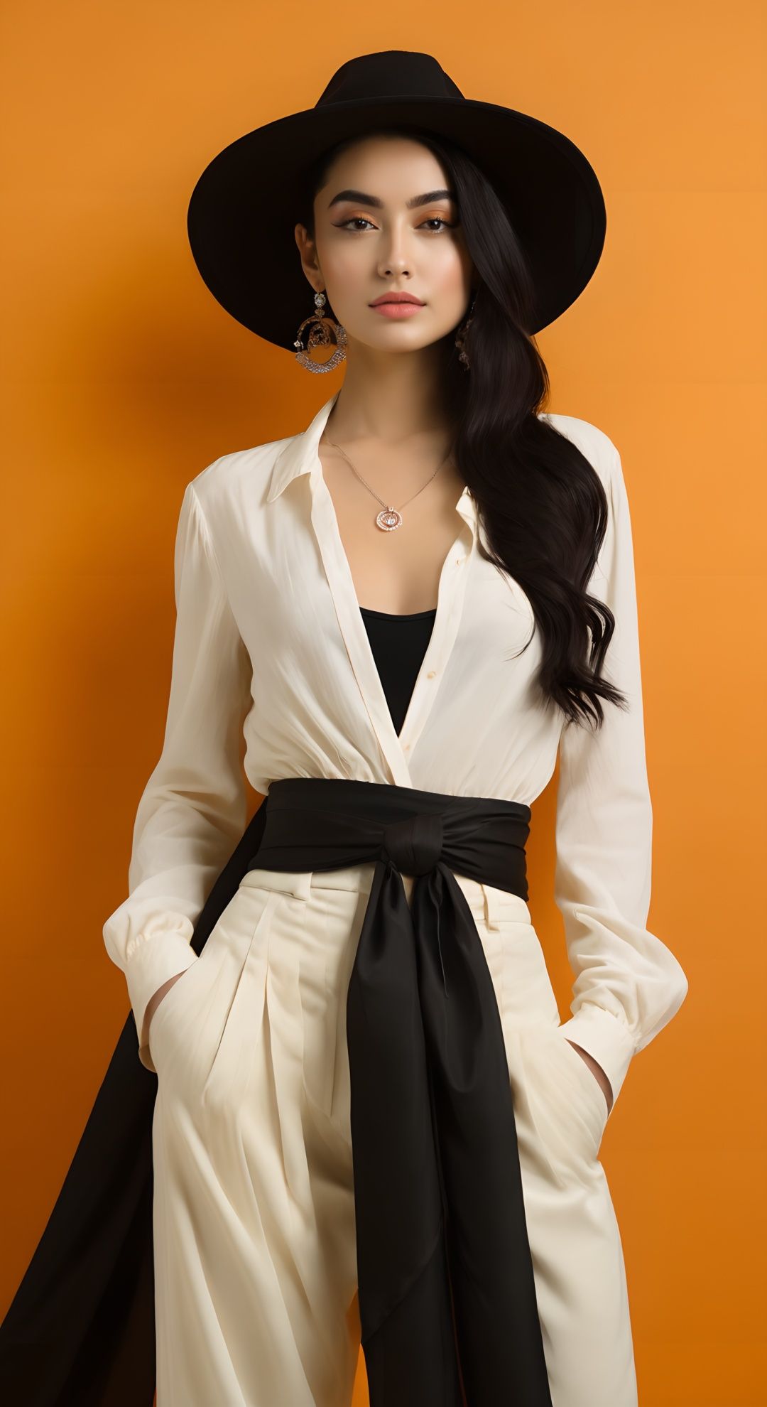 1girl,jewelry,earrings,black hair,long hair,hat,necklace,lips,looking at viewer,black headwear,sash,makeup,orange background,sun hat,collarbone ,<lora:olst:0.7>,
