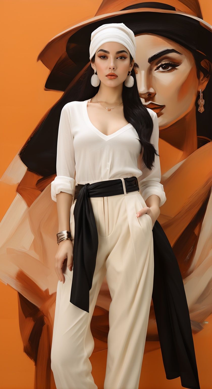 1girl,jewelry,earrings,black hair,long hair,necklace,lips,looking at viewer,black headwear,sash,makeup,orange background,collarbone ,pants,shirt,belt,white shirt,brown eyes,white pants,looking at viewer,lips,orange background,sleeves rolled up,standing,high-waist pants,bracelet,realistic,bandana,black belt,<lora:olst:0.7>,