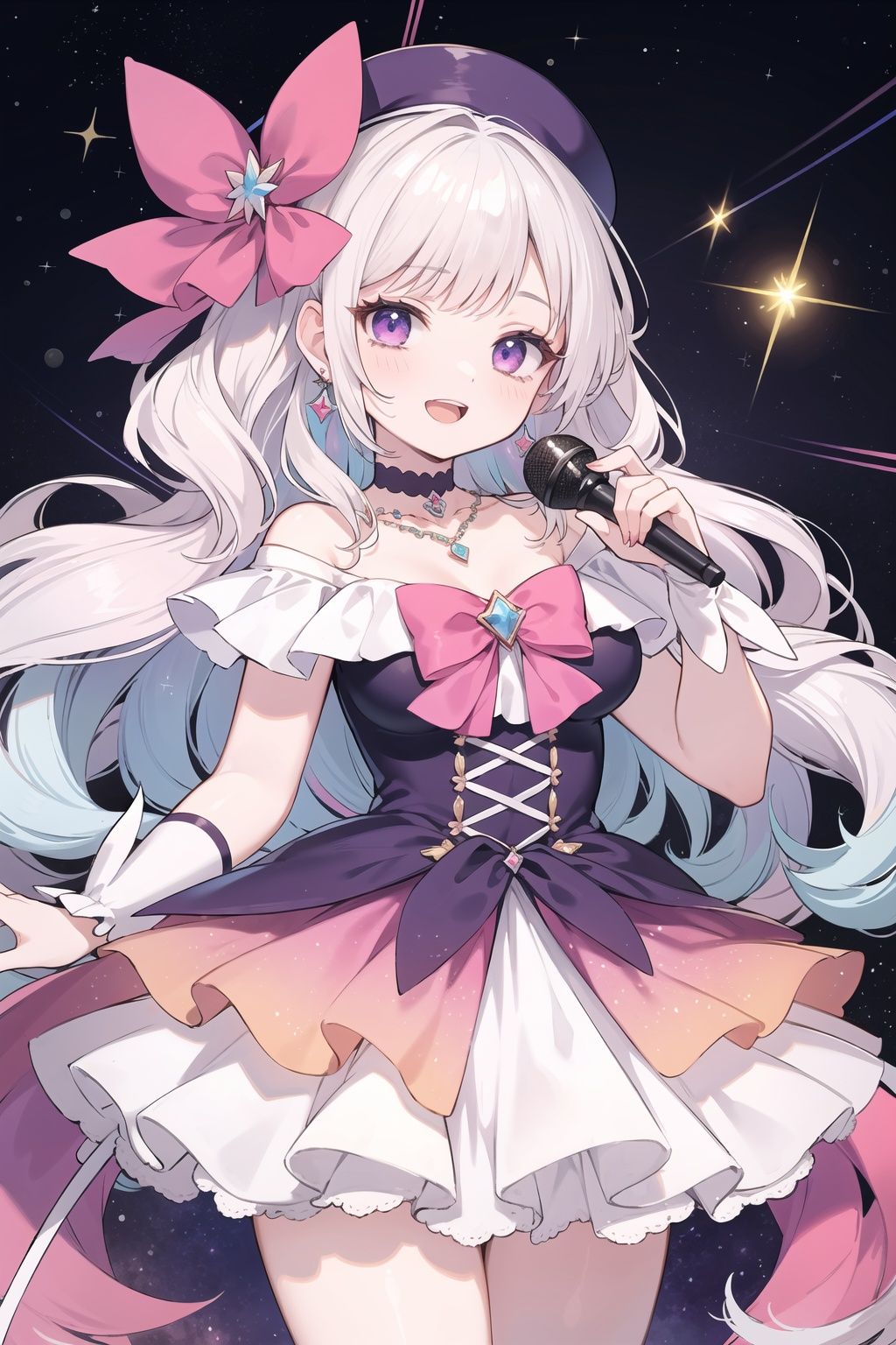 Microphone in hand,Masterpiece,absurdres,best quality,highest quality,highly detailed,1girl,solo,drop dead gorgeous woman,ulzzang,vibrant,sublime,colorful,iridescent colors,laughing,giggling,long dark eyelashes,large eye highlights,highlighted cheeks,glittery pink glossy lips,shiny earrings,necklace,multicolored,rainbow flare,Galaxy,bokeh,in the style of Lisa Frank,choker,+++++,white hair,earrings,galaxy hair,very long wavy hair,,magical girl,purple eyes,pink headwear,pink bow,Space Dress,Galaxy  Dress,