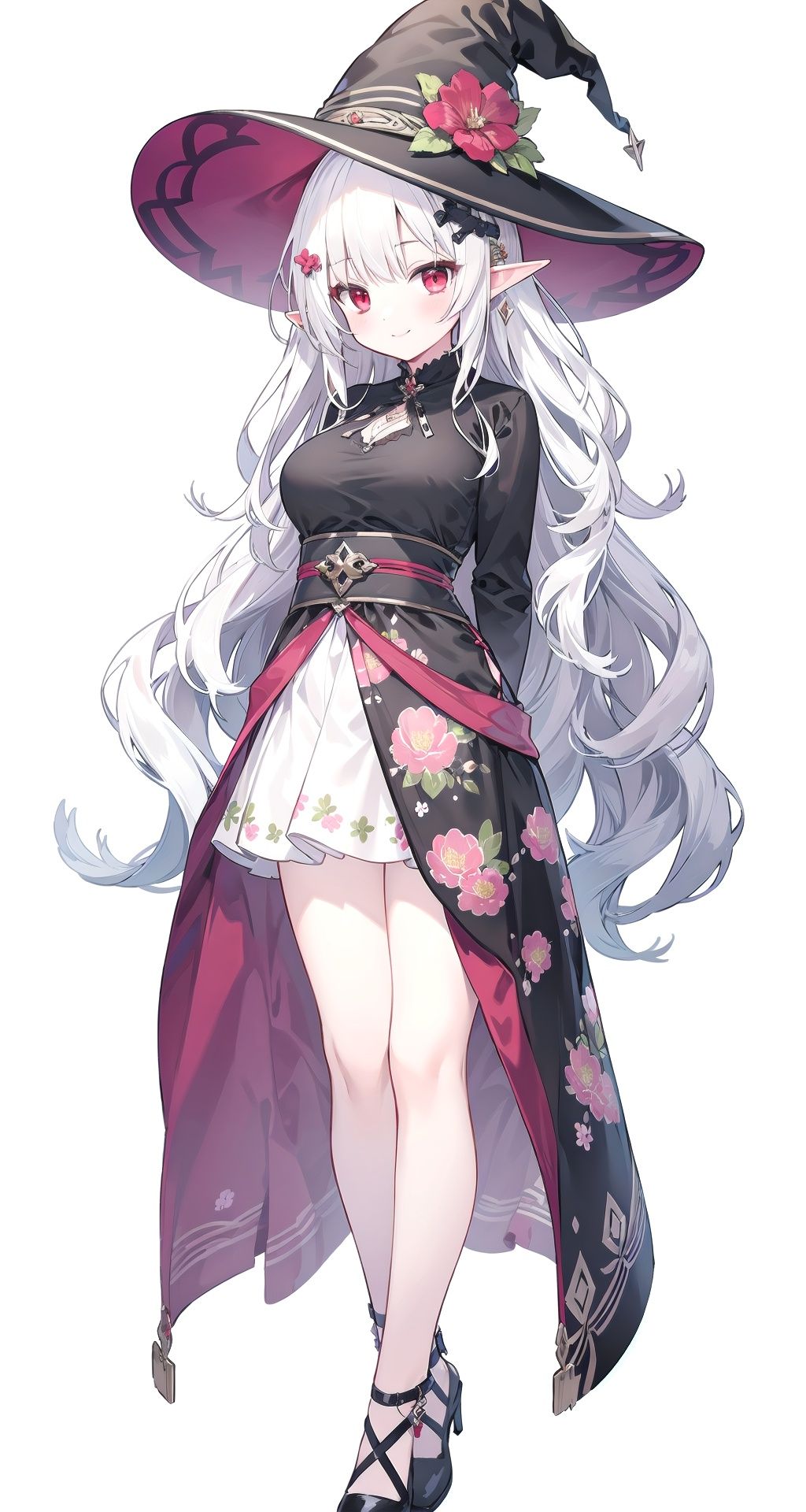 (masterpiece:1.2), (arms behind back:1.2), best quality, game cg, 1girl, solo, long hair, white hair, hair ornament, dress, full body, looking at viewer, simple background, red eyes, standing, hair flower, white background, closed mouth, long sleeves, skirt, wavy hair, blush, large breasts, smile, very long hair, floral print, witch hat, elf,
