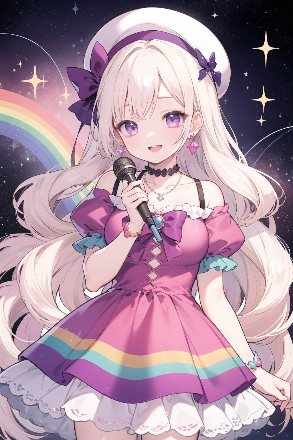Microphone in hand,Masterpiece,absurdres,best quality,highest quality,highly detailed,1girl,solo,drop dead gorgeous woman,ulzzang,vibrant,sublime,colorful,iridescent colors,laughing,giggling,long dark eyelashes,large eye highlights,highlighted cheeks,glittery pink glossy lips,shiny earrings,necklace,multicolored,rainbow flare,Galaxy,bokeh,in the style of Lisa Frank,choker,+++++,white hair,earrings,galaxy hair,very long wavy hair,,magical girl,purple eyes,pink headwear,pink bow,Space Dress,Galaxy  Dress,