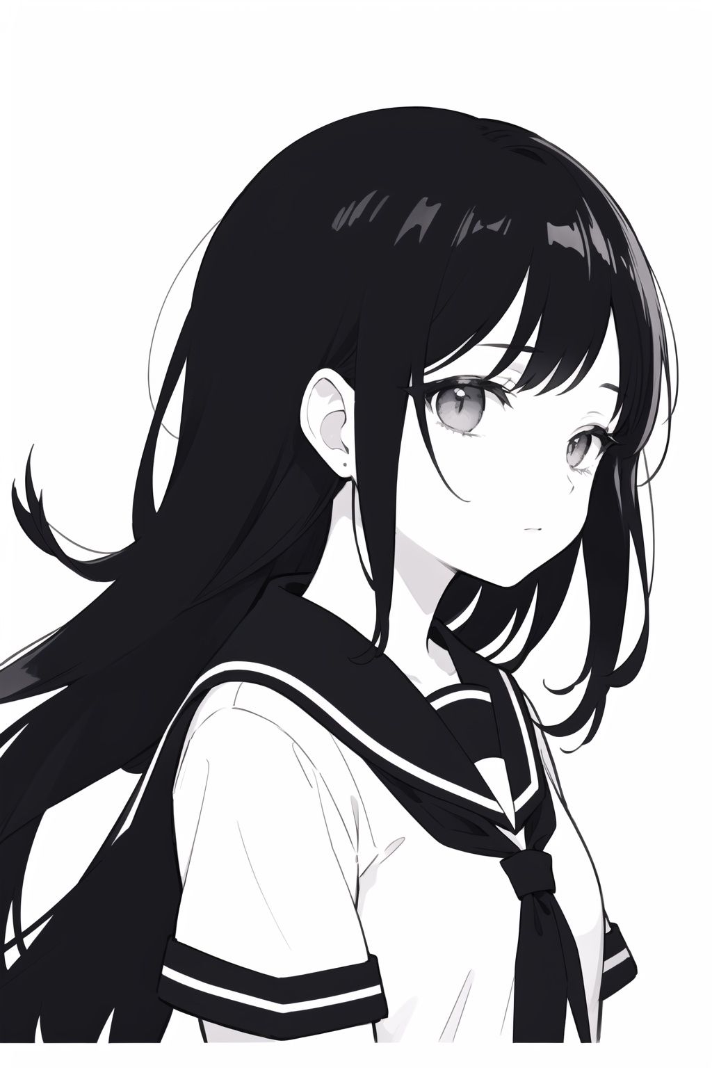  (low contrast, black and white, line draft: 1.2),masterpiece, best quality,black hair,(mature female), 1girl,upper body,solo,looking at viewer, school uniform,  long straight hair,(profile:0.8)