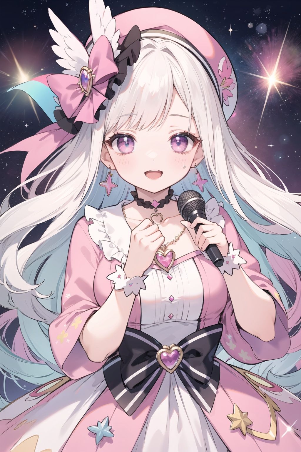 Microphone in hand,Masterpiece,absurdres,best quality,highest quality,highly detailed,1girl,solo,drop dead gorgeous woman,ulzzang,vibrant,sublime,colorful,iridescent colors,laughing,giggling,long dark eyelashes,large eye highlights,highlighted cheeks,glittery pink glossy lips,shiny earrings,necklace,multicolored,rainbow flare,Galaxy,bokeh,in the style of Lisa Frank,choker,+++++,white hair,earrings,galaxy hair,very long wavy hair,,magical girl,purple eyes,pink headwear,pink bow,Space Dress,Galaxy  Dress,