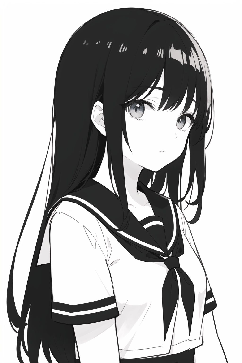  (low contrast, black and white, line draft: 1.2),masterpiece, best quality,black hair,(mature female), 1girl,upper body,solo,looking at viewer, school uniform,  long straight hair,(profile:0.8)