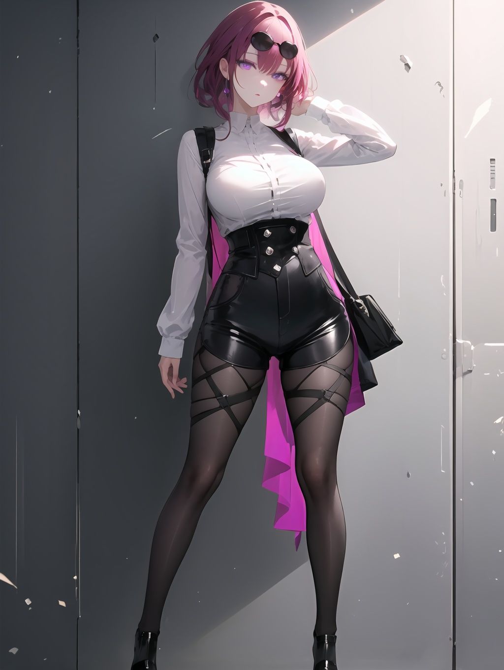 1girl,masterpiece,extremely detailed CG unity 8k wallpape,(full body:1.2),<lora:眼睛双:0.8>,<lora:omone_hokoma_agm_style:0.35>,oha style,best quality,(looking_at_viewer:1.1),<lora:kafuka-mix:0.6>,kafukalike,black eyewear on head,purple hair,purple eyes,