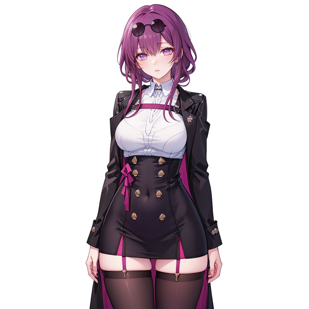 extremely detailed CG,high resolution,best quality,masterpiece,(bishoujo:1.3),(game cg),pelvic curtain dress,standing,<lora:kafuka-mix:0.8>,(kafukalike:1.2),black eyewear on head,purple hair,purple eyes,(official:1.3),white suit shirt,(black jacket:1.2),purple leotard pantyhose\kafuka,white background,