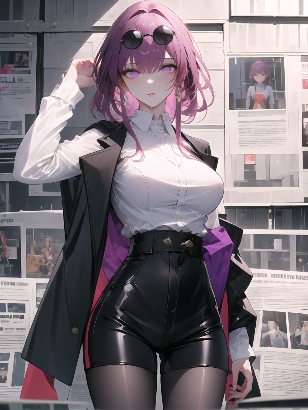 1girl,masterpiece,extremely detailed CG unity 8k wallpape,<lora:报纸墙背景StyliZe_V1.0:0.8>,Newspaper,newspaper wall,<lora:眼睛双:0.8>,<lora:omone_hokoma_agm_style:0.25>,oha style,best quality,(looking_at_viewer:1.1),<lora:kafuka-mix:0.8>, kafukalike,black eyewear on head,purple hair,purple eyes,official,white suit shirt,black jacket,(purple leotard pantyhose\kafuka),black shorts,
