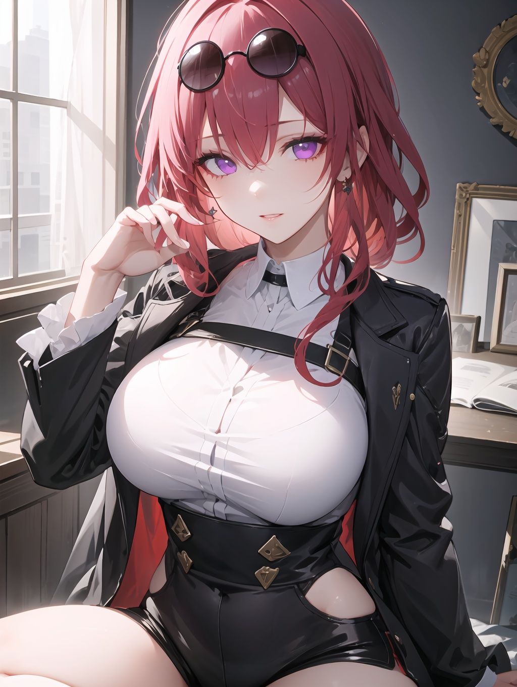 1girl,masterpiece,extremely detailed CG unity 8k wallpape,<lora:眼睛双:0.8>,<lora:omone_hokoma_agm_style:0.35>,oha style,best quality,(looking_at_viewer:1.1),<lora:kafuka-mix:0.6>,kafukalike,black eyewear on head,purple hair,purple eyes,eyes_focus,