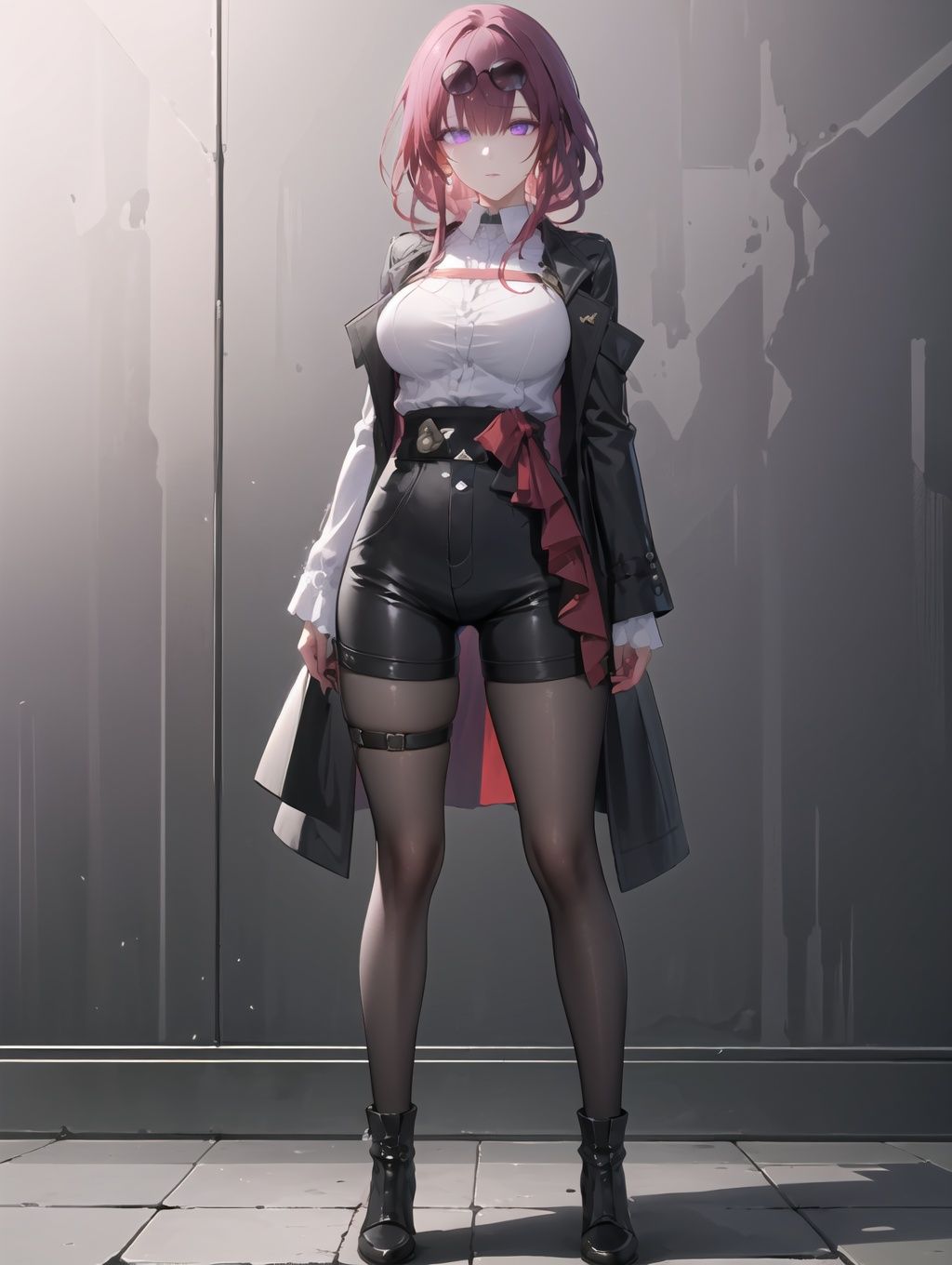 1girl,masterpiece,extremely detailed CG unity 8k wallpape,(full body:1.2),<lora:omone_hokoma_agm_style:0.35>,oha style,best quality,(looking_at_viewer:1.1),<lora:kafuka-mix:0.8>,kafukalike,black eyewear on head,purple hair,purple eyes,<lora:FlamingEye:0.4>,(flaming eye:1.2),(eye trail:1.3),