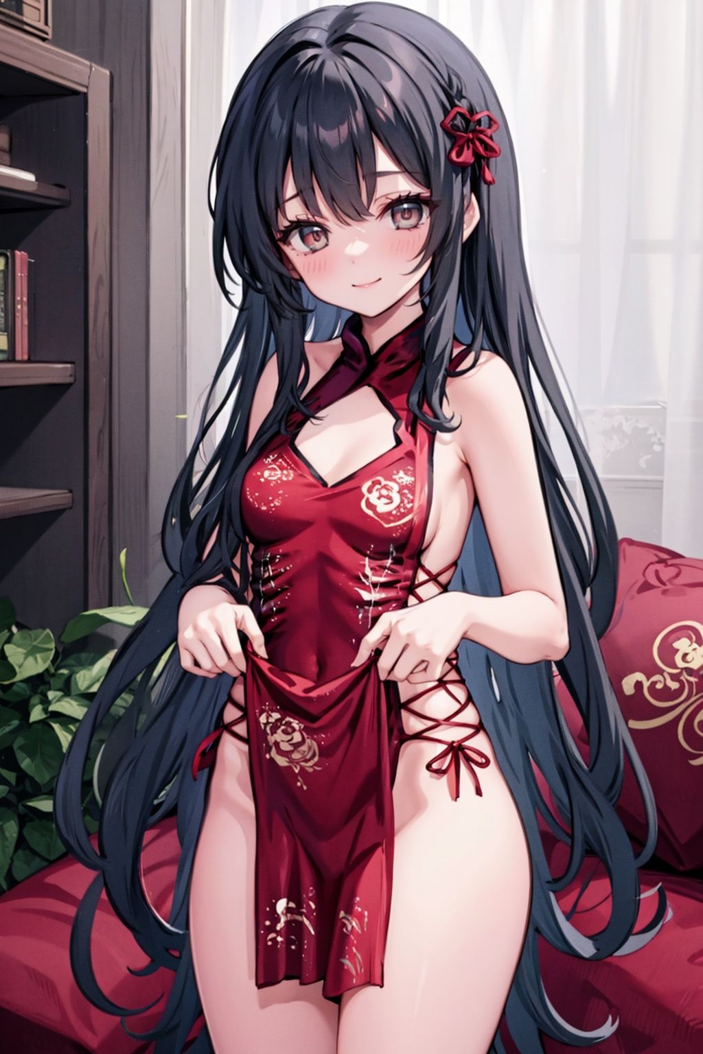 1girl,solo, small breasts,black hair, very long hair, straight hair,china dress, loli,,  <lora:LaGaVerSidelessChinaDress:1>,,pelvic curtain lift, bare legs, blush, smile,<lora:PelvicCurtainLiftDim32:1> 