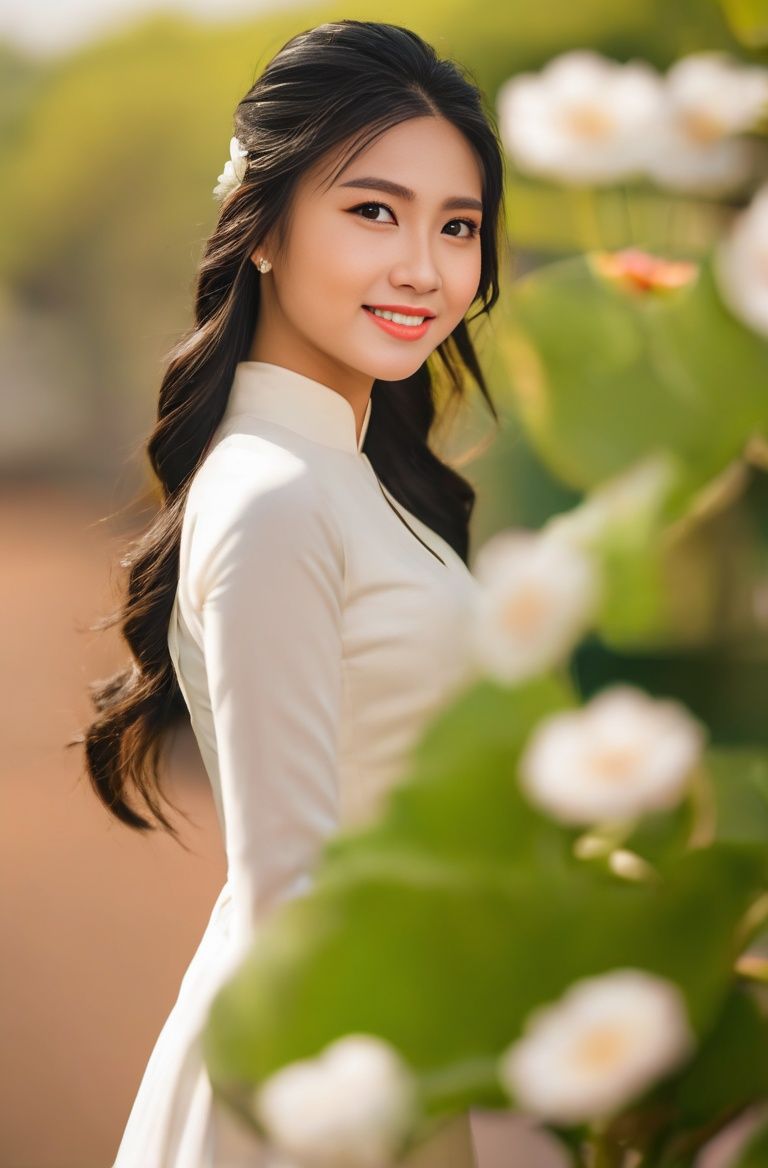 (Masterpiece, best quality, ultra realistic,32k, RAW photo, detail skin, 8k uhd, dslr, high quality, film grain:1.5),1girl, white ao dai, pants, portrait, long hair, looking at viewer, smile, black hair, long sleeves, dress, jewelry, standing, flower, earrings, outdoors, white dress, blurry, black eyes, blurry background, realistic