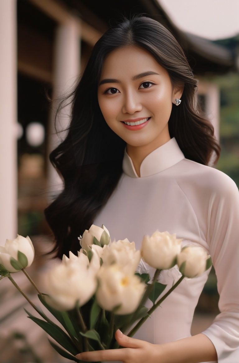 (Masterpiece, best quality, ultra realistic,32k, RAW photo, detail skin, 8k uhd, dslr, high quality, film grain:1.5),1girl, white ao dai, pants,  long hair, looking at viewer, smile, black hair, long sleeves, dress, holding, jewelry, standing, flower, earrings, outdoors, white dress, blurry, black eyes, blurry background, realistic, holding flower, polaroid color photo, 16mm film live soft color