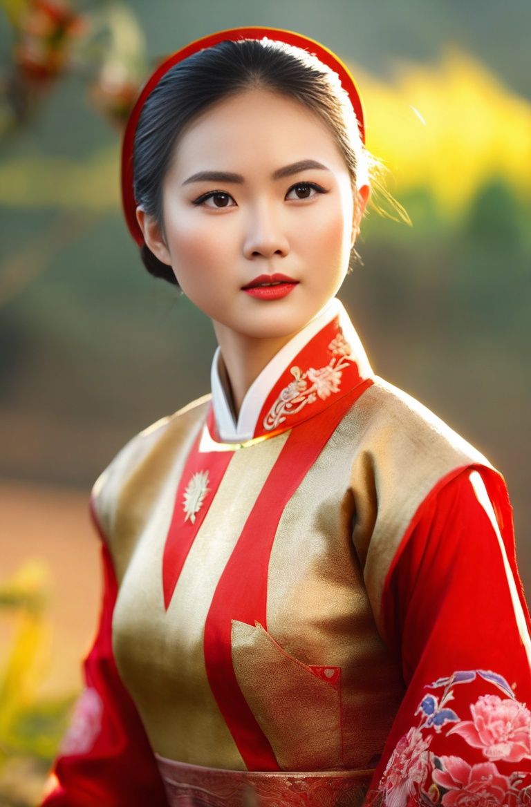 (Masterpiece, best quality, ultra realistic,32k, RAW photo, detail skin, 8k uhd, dslr, high quality, film grain:1.5),1girl, vietnam, ao dai, portrait, wounded, (looking at viewer:1.2), (pale skin:1.4), battlefield, body, smoke, (red flag:1.4), warrior, sweat, sunshine, sunset, epic, beautiful, tragic, (Detailed face features:1.3), (radiant mapping, ray tracing, god rays: 1.2)
