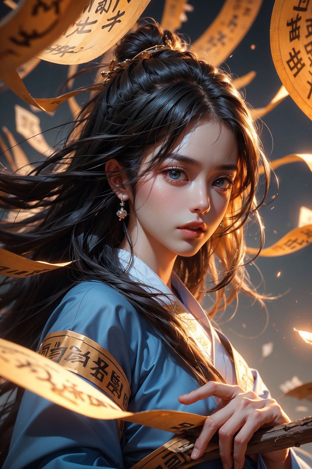 (Low angle shooting, ultra wide angle shooting), a girl in Hanfu stands in the air, surrounded by golden runes, black hair, long hair, messy hair, (facial focus), exquisite eyebrows, beautiful facial features, (upper body close-up photo: 1.2), sparkling runes, blue Hanfu, (surrounded by rotating long rolls: 1.2), best image quality, 3D rendering, looking up, ultra wide angle, fish eyes, Lens focus, ultra realistic and detailed, high detail texture, ultra high quality, 16k
