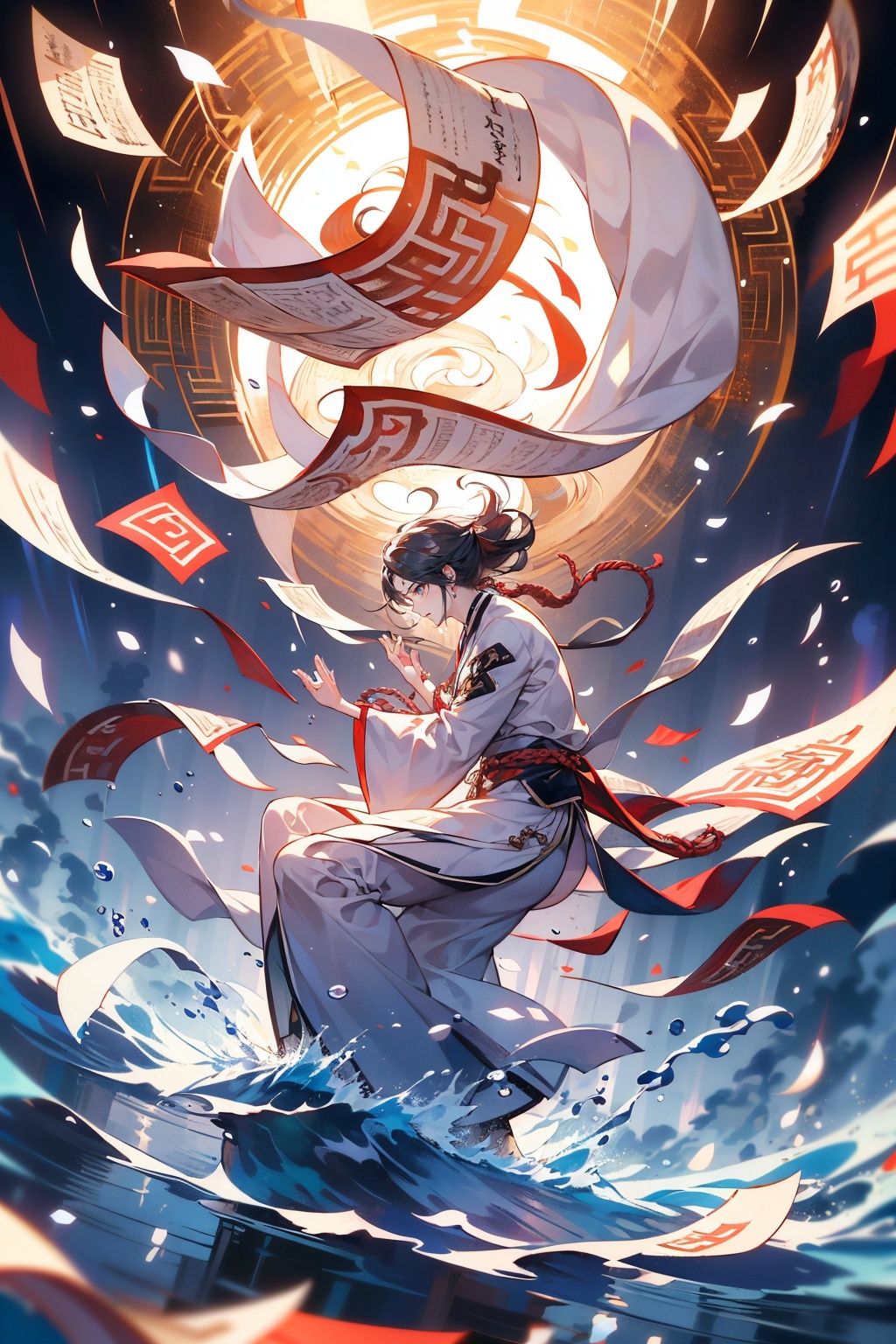 Ultra wide angle shooting, a girl dressed in an ancient mage costume, Hanfu, handsome, with gestures forming spells, martial arts and fairy tale atmosphere, carrying a sky filled with water vapor, game characters, water waves, without looking at the camera, writing calligraphy, surrounded by long and transparent scrolls, floating transparent Hanzi, dynamic action style, rotation, magical realism, dynamic action style, the highest quality, masterpiece, CG, HDR, high-definition, extremely fine, detailed face Superheroes, heroes, detail ultra high definition, OC rendering, Taoist runes


