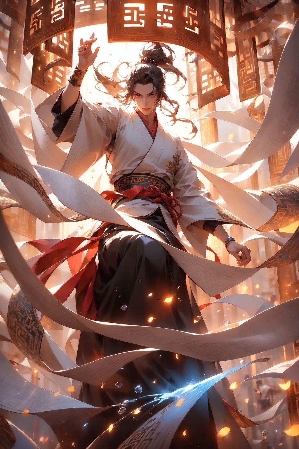 A girl dressed in an ancient mage uniform, Hanfu, handsome, with gestures forming spells, martial arts and fairy tale atmosphere, carrying a sky filled with water vapor, game characters, water waves, surrounded by rotating transparent long scrolls, vertically displaying Chinese characters, magical realism, dynamic action style, magical formation, the highest quality, masterpiece, cg, hdr, high-definition, ultimate details, detail face, superhero, hero, detail ultra high-definition, VFX, 3D rendering,