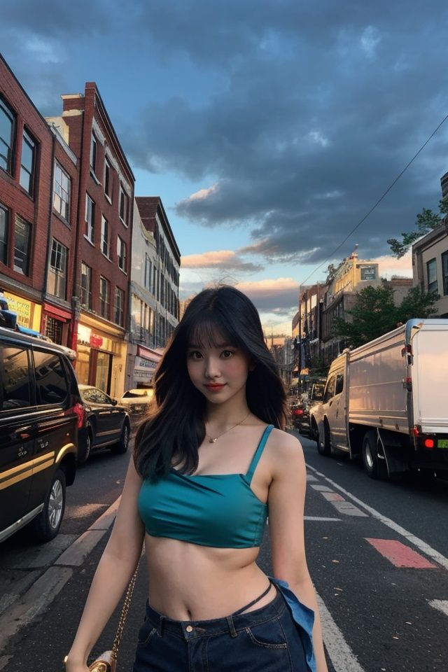 glamour photo of ccreamlike, amidst a bustling city, upper body framing, in a street photography setting, golden hour lighting:1.3), shot at eye level, on a Fujifilm X-T4 with a 50mm lens, ,momo, sexy, cowboy shot