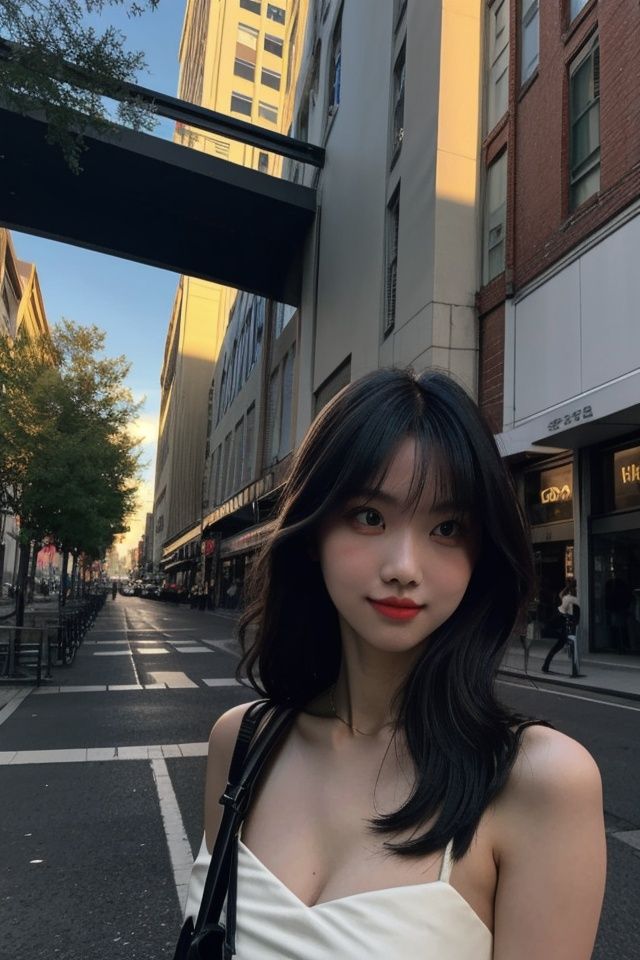 glamour photo of ccreamlike, amidst a bustling city, upper body framing, in a street photography setting, golden hour lighting:1.3), shot at eye level, on a Fujifilm X-T4 with a 50mm lens, ,momo