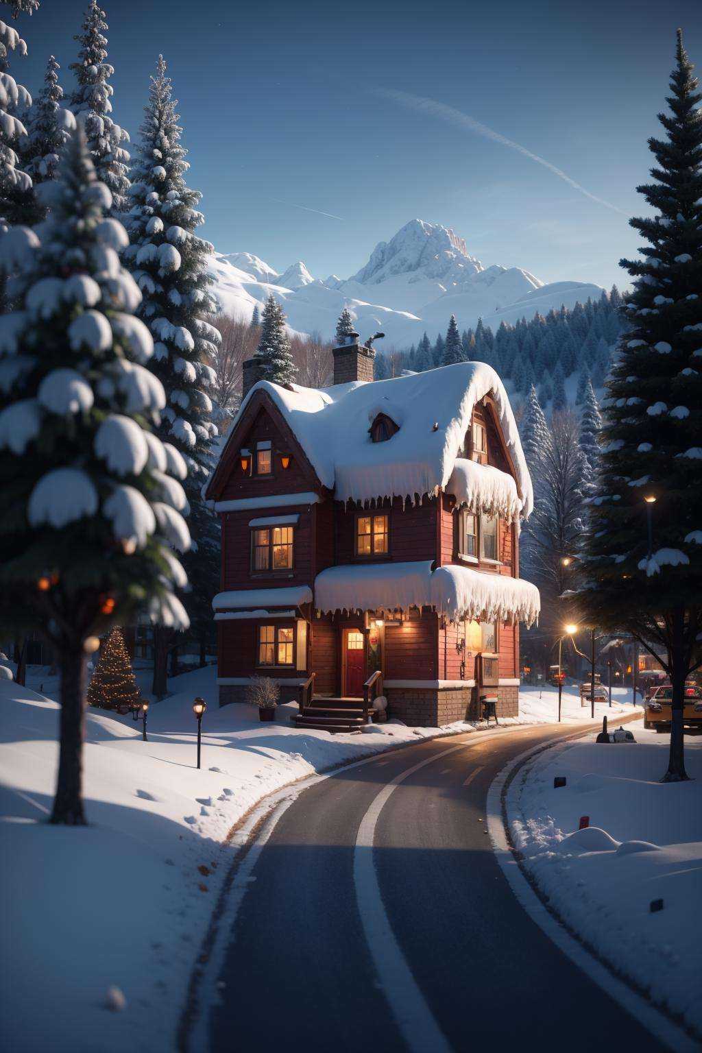 <lora:雪镇:0.8>,cs,snow,outdoors,no humans,ground vehicle,scenery,motor vehicle,sky,snowman,car,tree,day,blue sky,winter,blurry,house,building,road,cloud,depth of field,