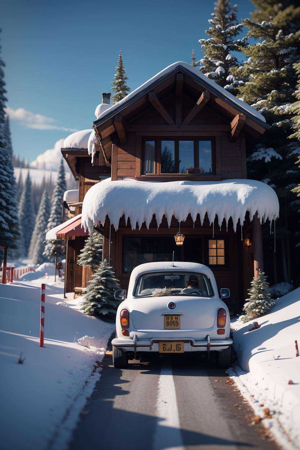 <lora:雪镇:0.8>,cs,snow,outdoors,no humans,ground vehicle,scenery,motor vehicle,sky,snowman,car,tree,day,blue sky,winter,blurry,house,building,road,cloud,depth of field,