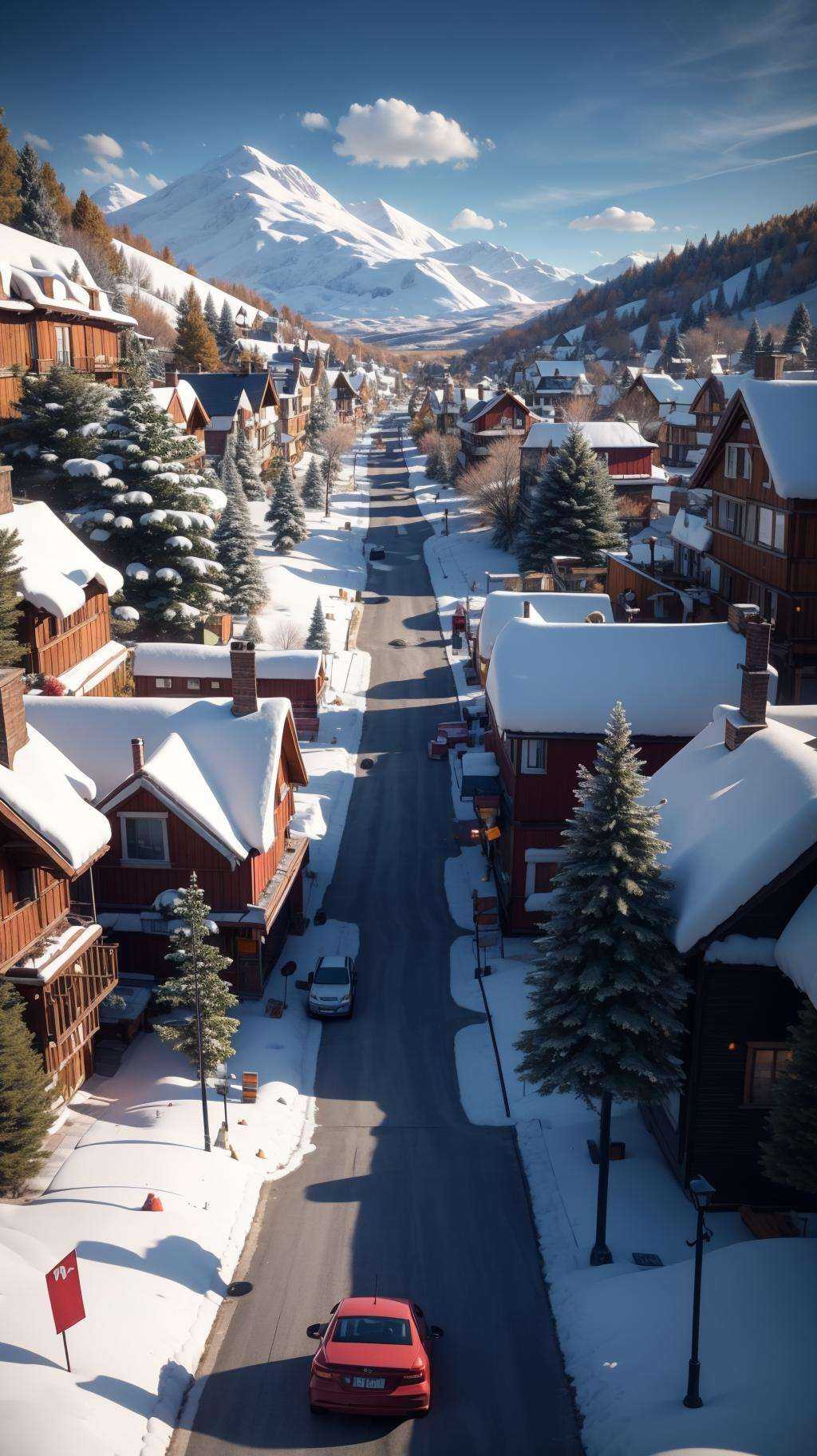 <lora:雪镇:0.8>,cs,snow,outdoors,no humans,ground vehicle,scenery,motor vehicle,sky,snowman,car,tree,day,blue sky,winter,blurry,house,building,road,cloud,depth of field,aerial view,