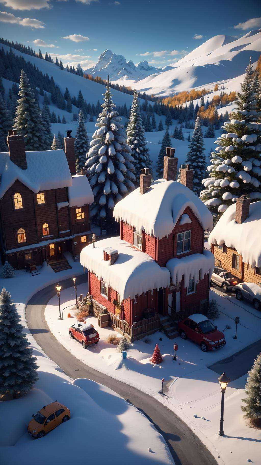 <lora:雪镇:0.8>,cs,snow,outdoors,no humans,ground vehicle,scenery,motor vehicle,sky,snowman,car,tree,day,blue sky,winter,blurry,house,building,road,cloud,depth of field,aerial view,