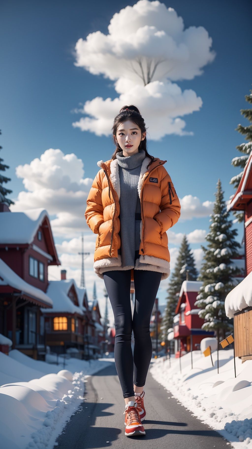 <lora:雪镇:0.8>,<lora:YJ_20230910182544:0.7>,jing,1girl,solo,full body,realistic,cs,snow,outdoors,no humans,ground vehicle,scenery,motor vehicle,sky,snowman,car,tree,day,blue sky,winter,blurry,house,building,road,cloud,depth of field,traffic cone,