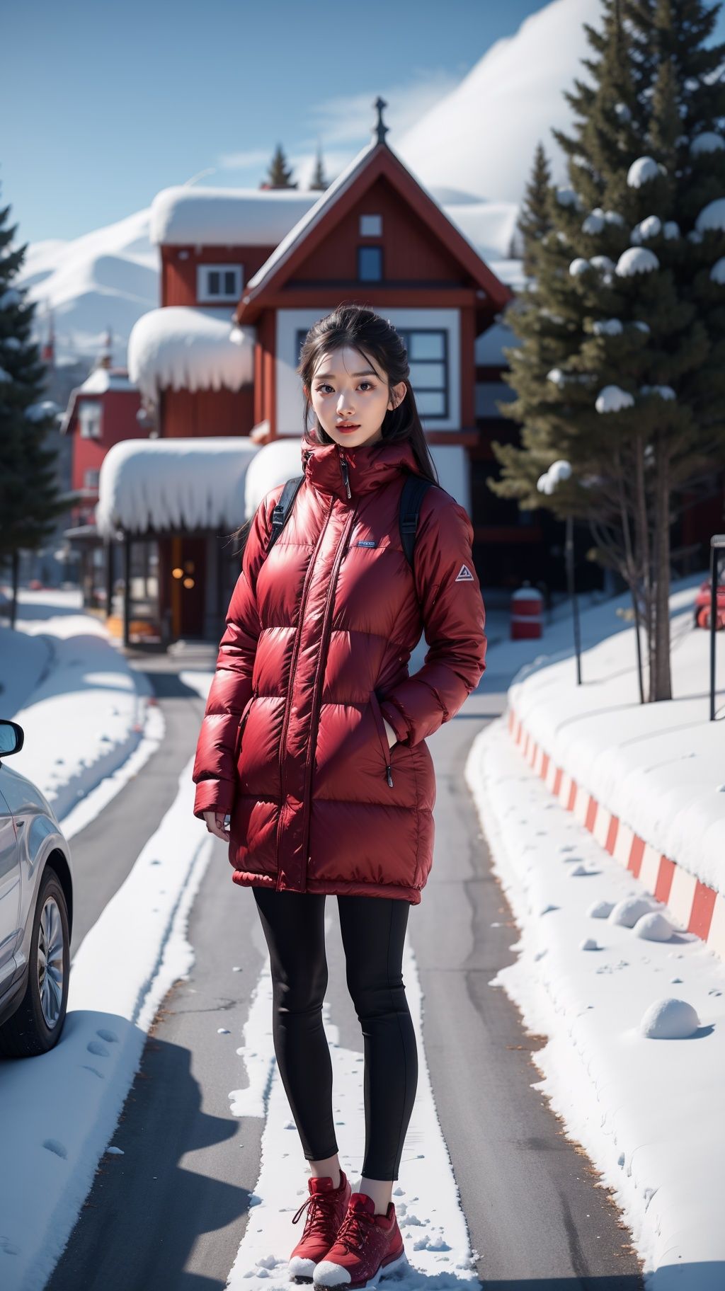 <lora:YJ_20230910182544:0.7>,jing,(1girl:1.1),solo,full body,realistic,<lora:雪镇:0.8>,cs,snow,outdoors,no humans,ground vehicle,scenery,motor vehicle,sky,snowman,car,tree,day,blue sky,winter,blurry,house,building,road,cloud,depth of field,