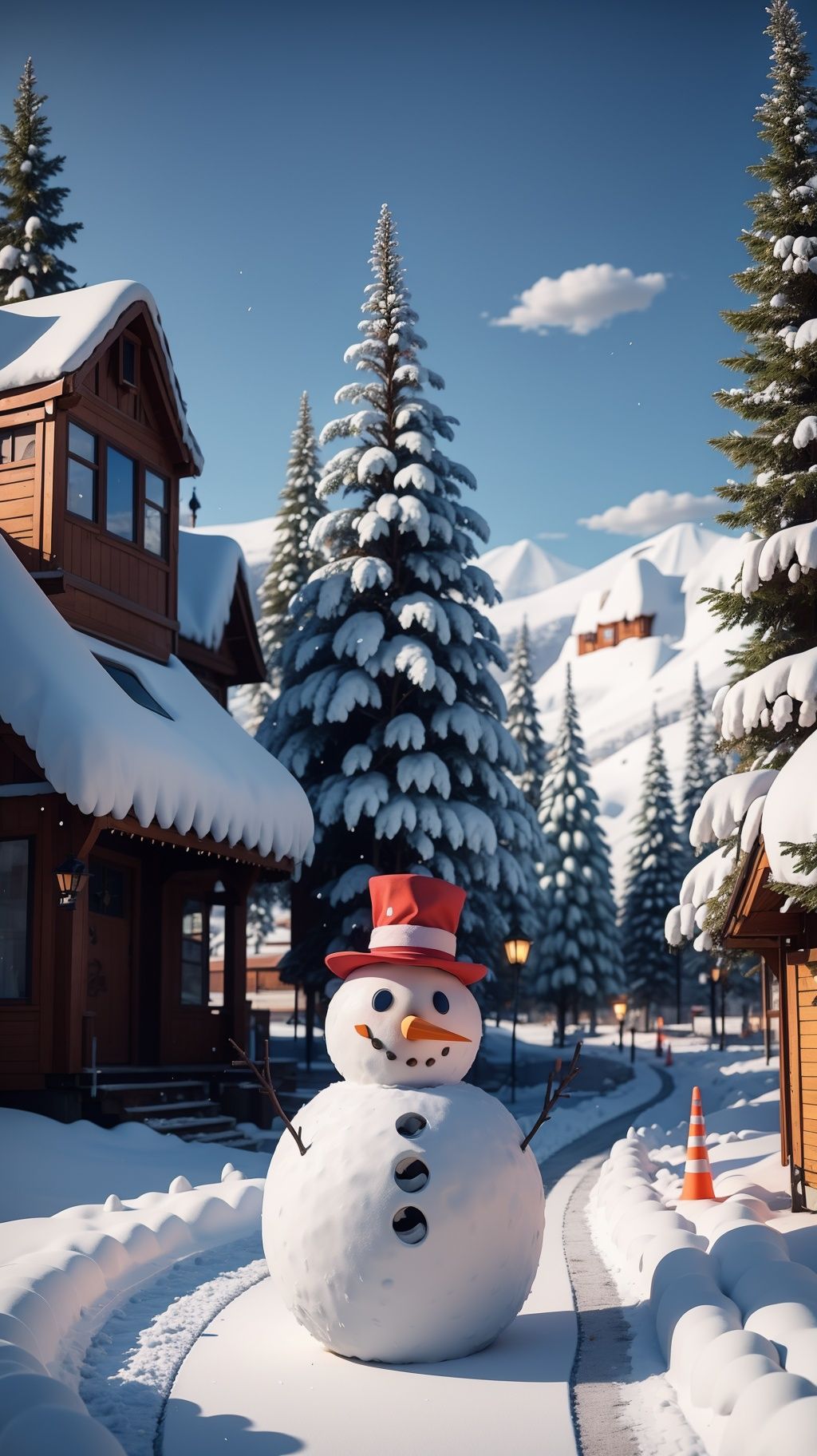 <lora:雪镇:0.8>,<lora:YJ_20230910182544:0.7>,jing,1girl,solo,realistic,cs,snow,outdoors,no humans,ground vehicle,scenery,motor vehicle,sky,snowman,car,tree,day,blue sky,winter,blurry,house,building,road,cloud,depth of field,traffic cone,