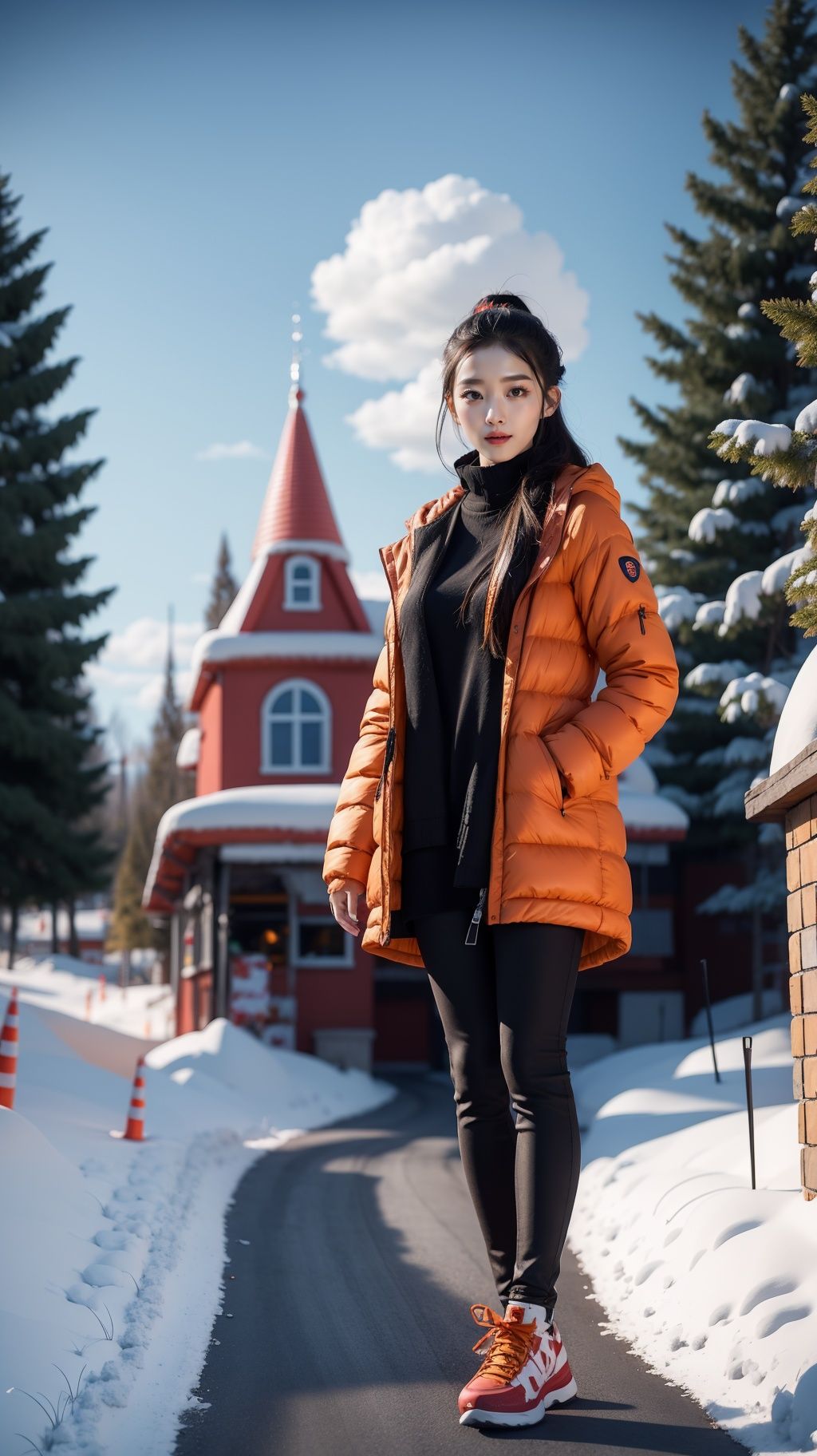 <lora:雪镇:0.8>,<lora:YJ_20230910182544:0.7>,jing,1girl,solo,full body,realistic,cs,snow,outdoors,no humans,ground vehicle,scenery,motor vehicle,sky,snowman,car,tree,day,blue sky,winter,blurry,house,building,road,cloud,depth of field,traffic cone,