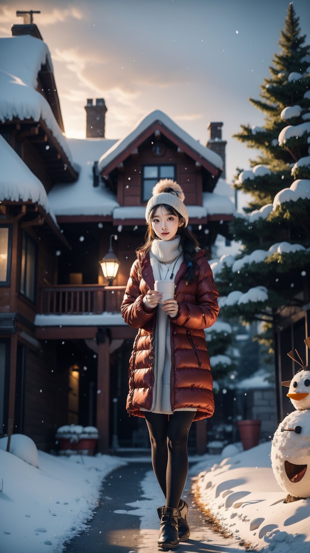 <lora:雪镇:0.8>,<lora:YJ_20230910182544:0.7>,jing,1girl,solo,realistic,cs,snow,tree,snowman,house,outdoors,sky,scenery,winter,day,building,window,chimney,snowing,blue sky,1girl,lamppost,multiple girls,<lora:朝阳_morning sun:0.7>,full body,