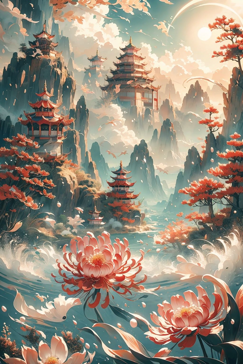The realm of the sky, During the day, Red, romantic, masterpiece, HD,guochao,shuixia