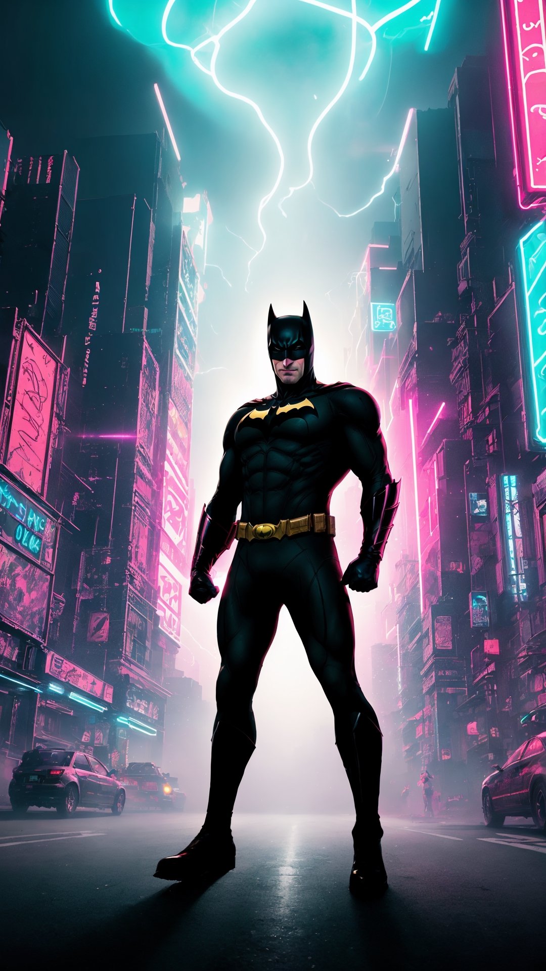 "Generate an image depicting an ultra Sonic-powered version of Batman in a dynamic and action-packed pose. Show suit emana...