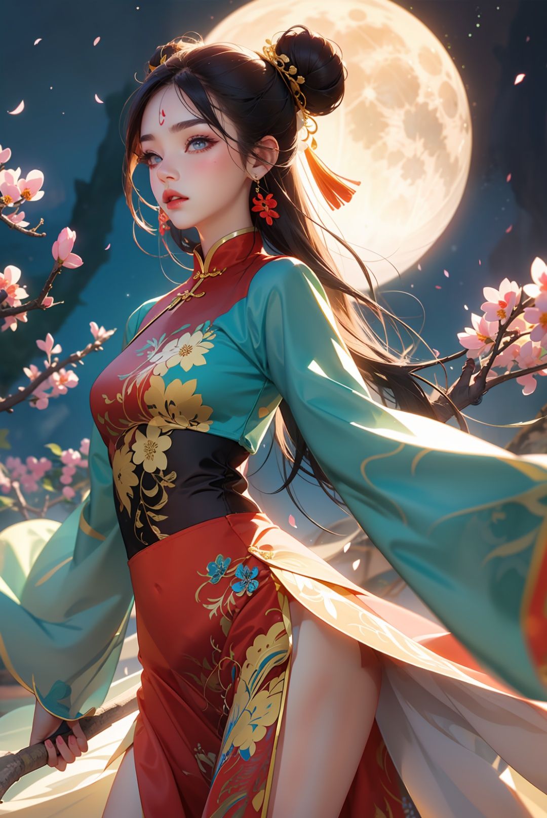 1girl, flower, hair ornament, solo, long hair, black hair, holding, holding flower, branch, jewelry, chinese clothes, hair bun, earrings, hair flower, long sleeves, petals, moon, wide sleeves, forehead mark, blue flower, dress