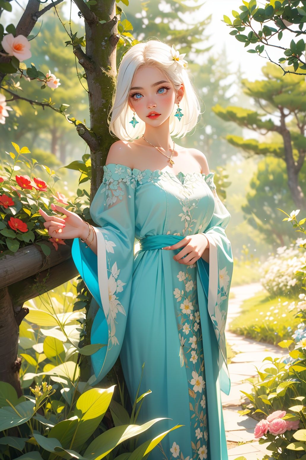 (absurdres, highres, ultra detailed)1girl, jewelry, flower, earrings, long hair, dress, blonde hair, solo, tree, skull, hair ornament, white hair, holding, ring, bracelet, nature, bare shoulders, leaf, watermark, lips, necklace, gem, parted lips, outdoors, red lips, off shoulder, day, web address, wide sleeves, forest, orange flower, nail polish, sunlight, standing, red flower, branch, blue eyes