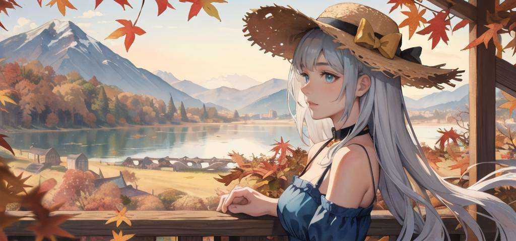 ((masterpiece:1.4, best quality))+,(ultra detailed)+,(watercolor:1.2),cute 1girl,straw hat,flowers,silver hair,very long hair,aqua eyes,flat chest,closed mouth,faint smile,(blue dress:1.3),bare shoulders,bow,upper body,from side,BREAK(depth of field:1.4),bare tree,autumn,(autumn leaves:1.4),branch,bare stones,mountains in the distance,lake,cloud,zentangle background,scenery,yellow and red sky,autumn light